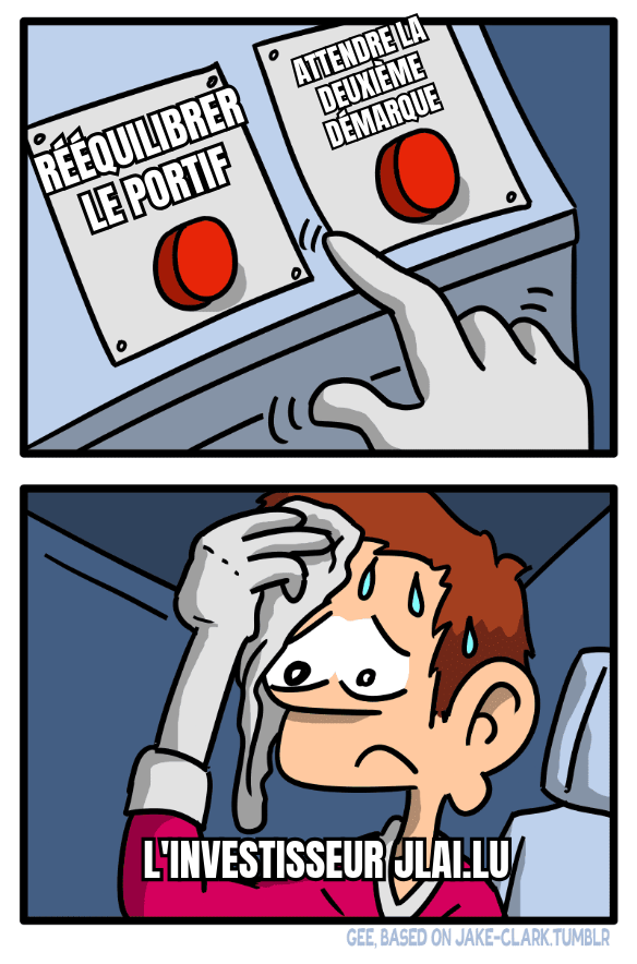 Un meme avec un mec en sueur qui hésite entre acheter et attendre